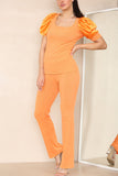 Sky Blue Silky Satin Puff Sleeves Ribbed Lounge Set For Women 8-10 - Dropwear