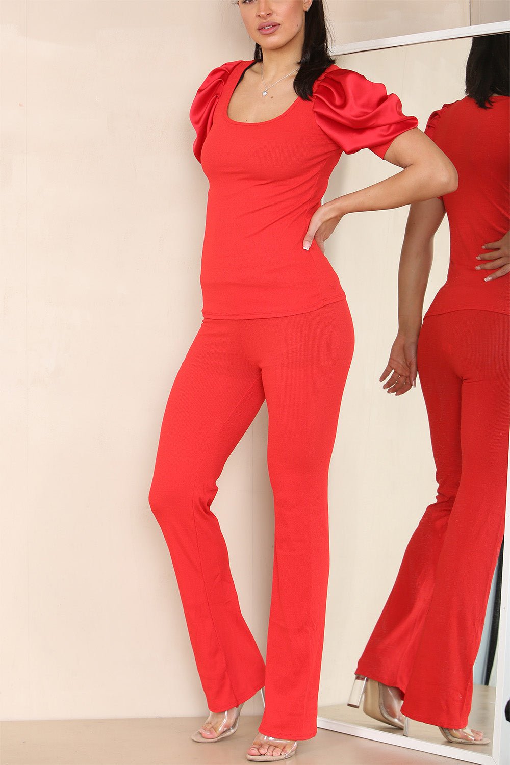 Orange Silky Satin Puff Sleeves Ribbed Lounge Set For Women 8-10 - Dropwear