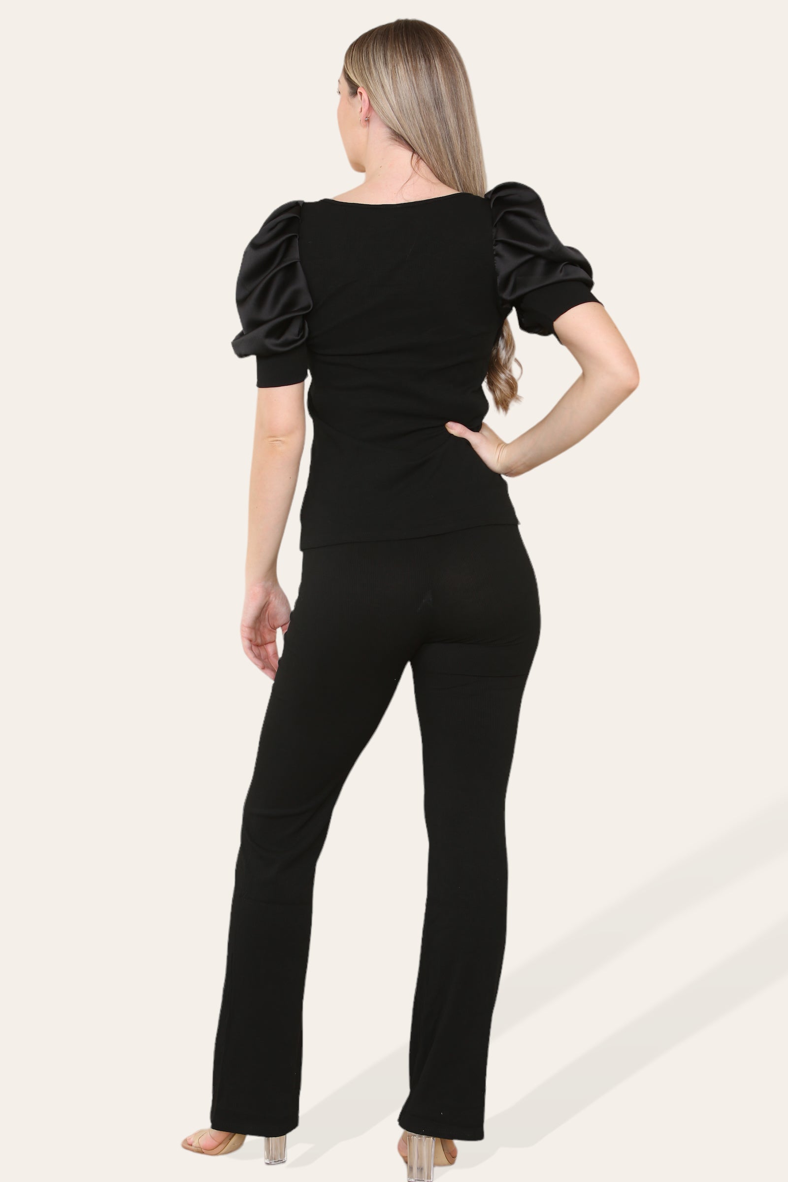 Silky Satin Puff Sleeves Ribbed Lounge Set For Women  - Dropwear