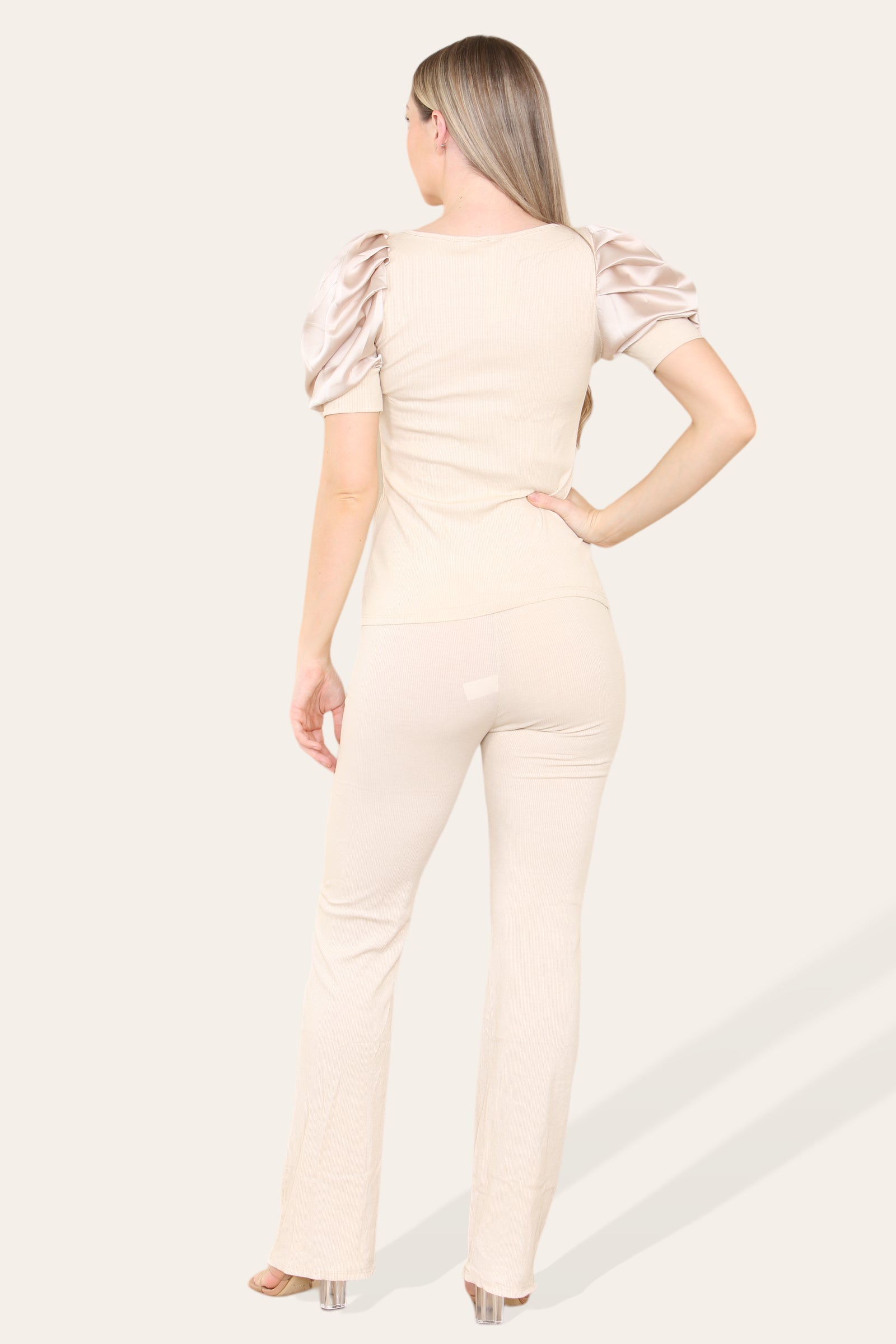 Silky Satin Puff Sleeves Ribbed Lounge Set For Women  - Dropwear