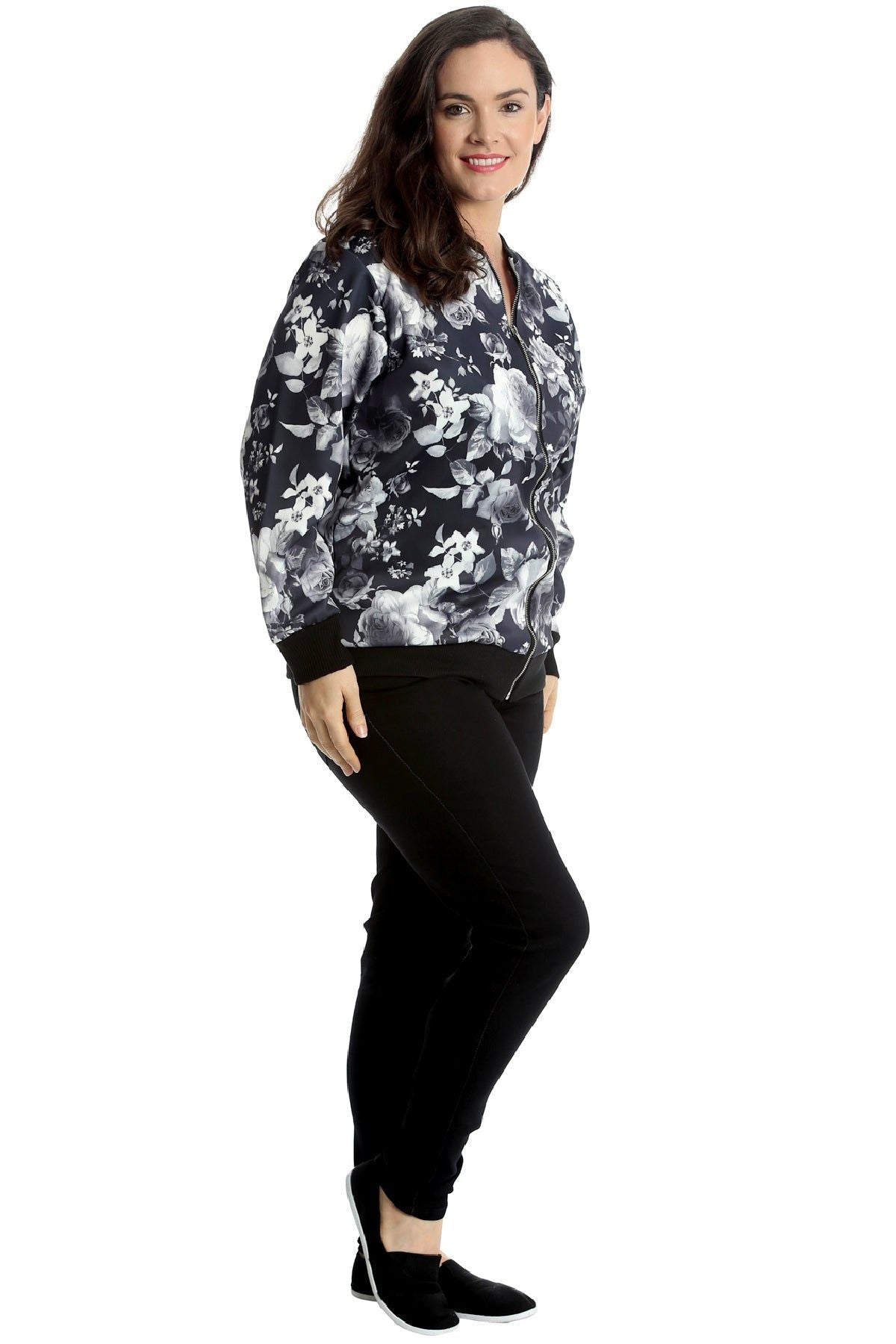 Black Rose Print Floral Bomber Jacket Top For Women 18 - Dropwear