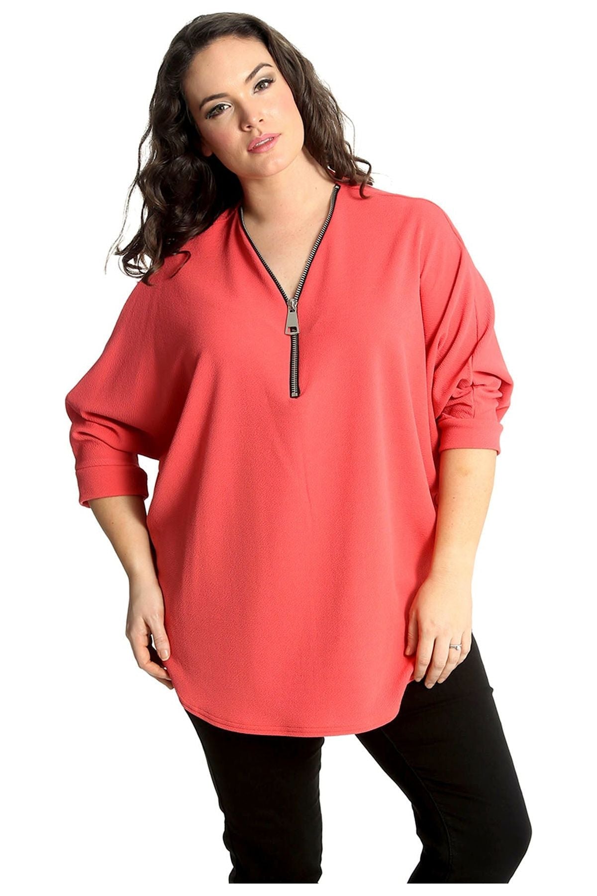 Zip Curved Hem V-Neck Batwing Sleeve Top For Women  - Dropwear