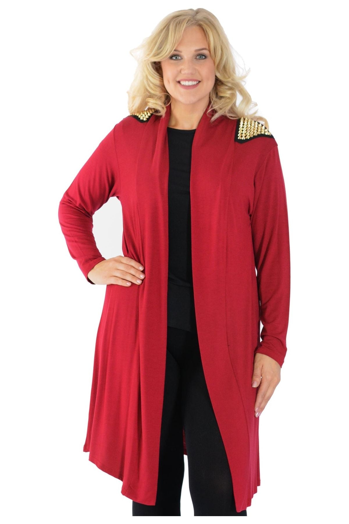 Wine Plus Size Long Sleeve Spike Maxi Cardigan For Women 20-22 - Dropwear