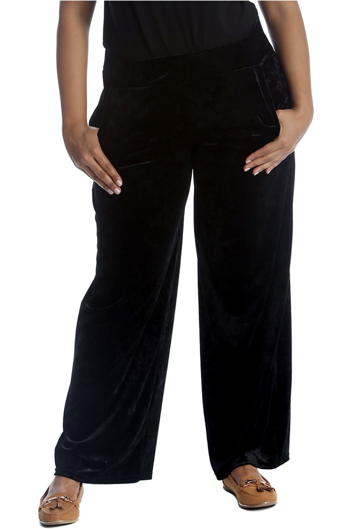 Black Velour Velvet Wide Flared Leg Pocket Palazzo For Women 8-10 - Dropwear