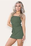 Khaki Skort Cargo Style Belted Playsuit Dress with Pockets For Women SMALL - Dropwear