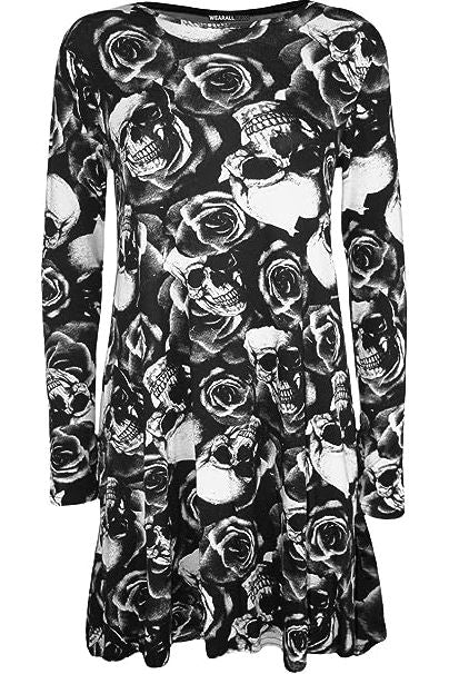 Skull Rose Skull Rose Print Long Sleeve Swing Dress Top For Women 12-14 - Dropwear