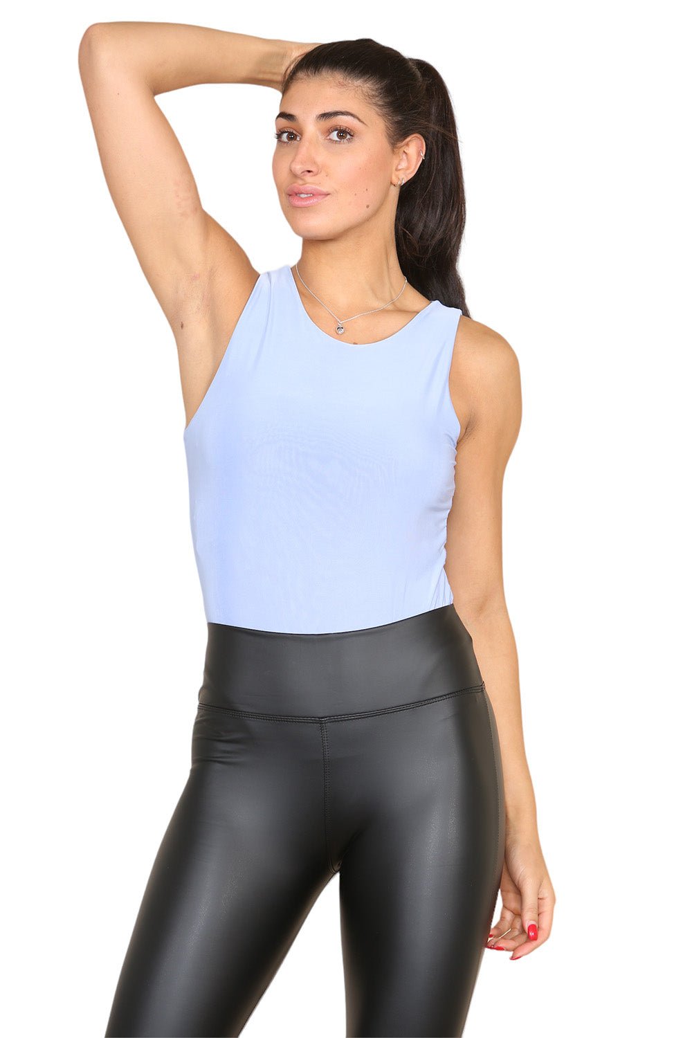Sky Blue Slinky Racer Round Neck Double Layered Top Bodysuit For Women 45942 - Dropwear