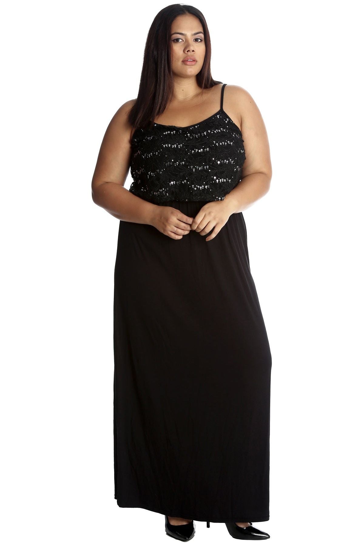 Black Plus Size Floral Sequin Lace Maxi Dress For Women 16 - Dropwear