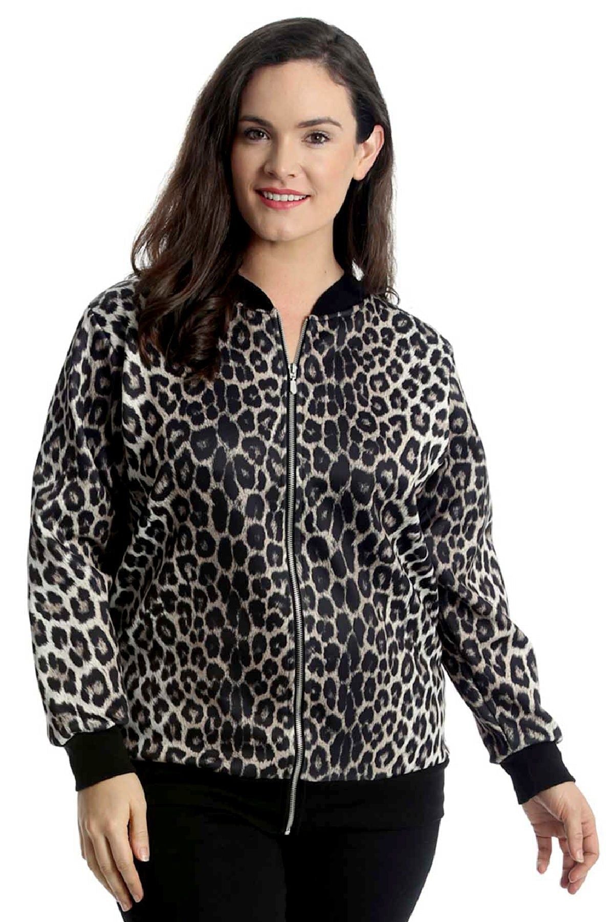 Plus Leopard Print Bomber Jacket For Women  - Dropwear