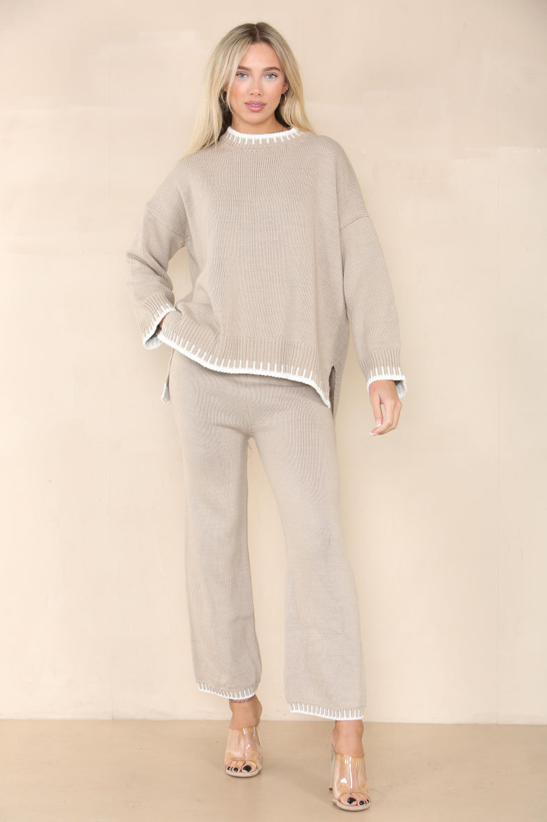 Beige Loungewear Wavy Edge Round Neck Pullover & Wide Leg Pants Co-ord For Women M - Dropwear