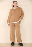 Beige Loungewear Wavy Edge Round Neck Pullover & Wide Leg Pants Co-ord For Women XL - Dropwear