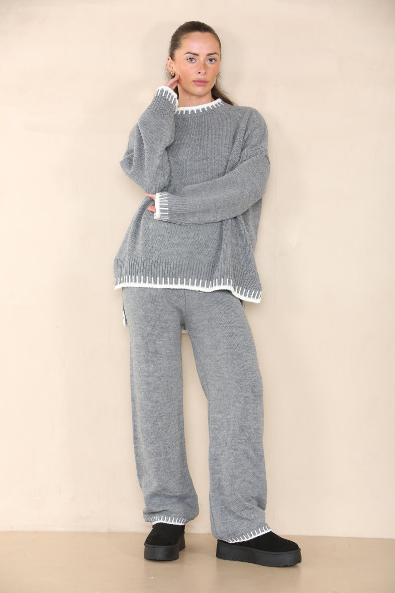 Beige Loungewear Wavy Edge Round Neck Pullover & Wide Leg Pants Co-ord For Women L - Dropwear