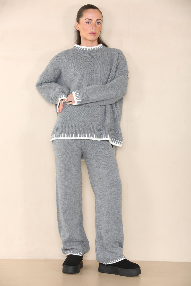 Brown Loungewear Wavy Edge Round Neck Pullover & Wide Leg Pants Co-ord For Women S - Dropwear