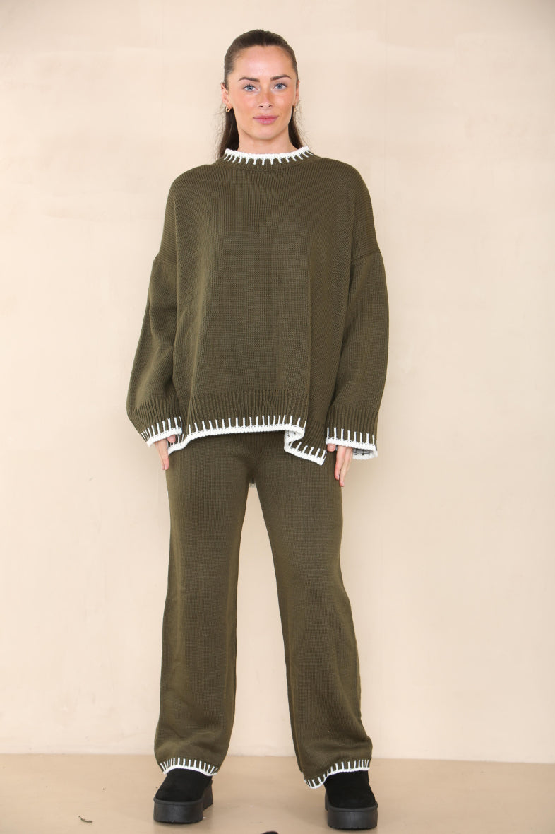 Camel Loungewear Wavy Edge Round Neck Pullover & Wide Leg Pants Co-ord For Women M - Dropwear