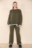 Camel Loungewear Wavy Edge Round Neck Pullover & Wide Leg Pants Co-ord For Women M - Dropwear