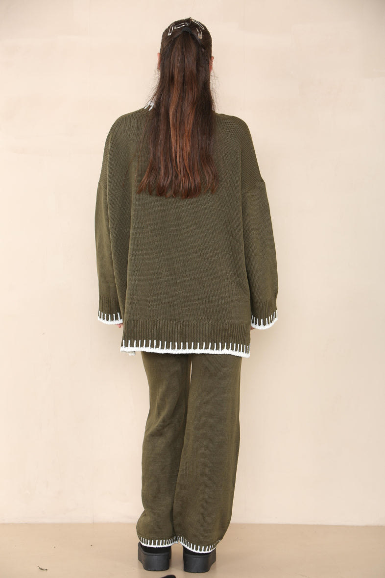 Brown Loungewear Wavy Edge Round Neck Pullover & Wide Leg Pants Co-ord For Women L - Dropwear