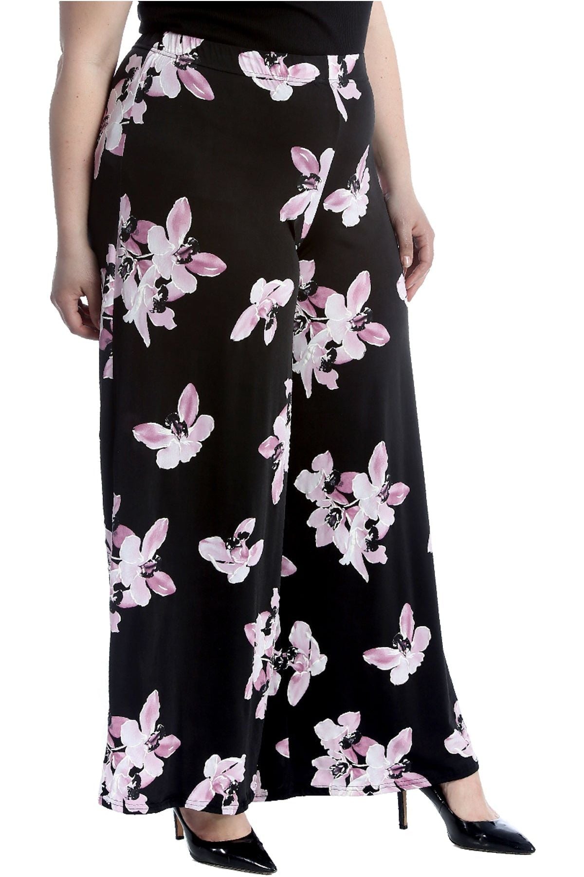 Black Light Green Plus Size Floral Print Palazzo Trouser For Women 20-22 - Dropwear