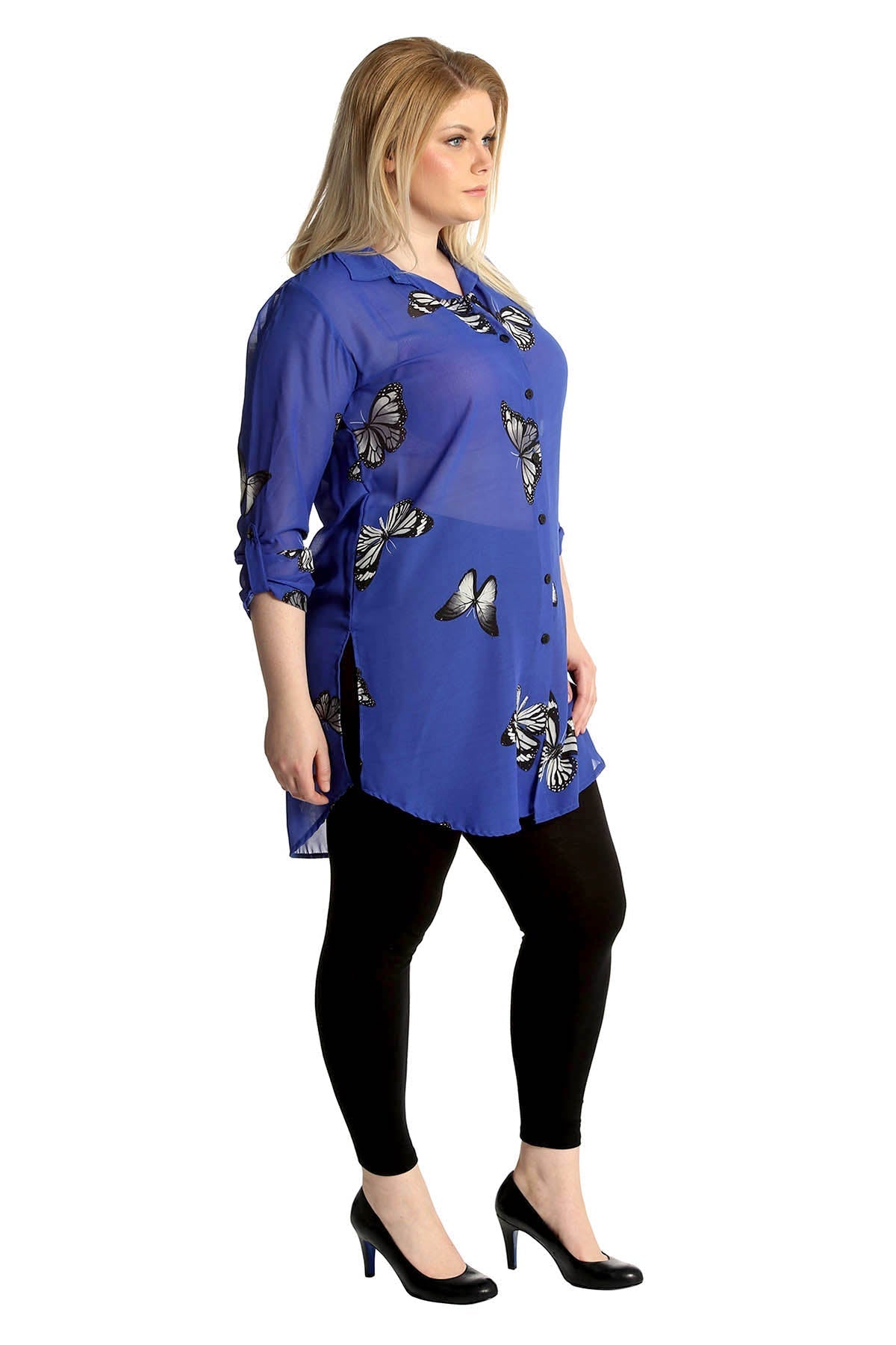 Royal Blue Butterfly Print Side Slit Curved Hem Top For Women 26 - Dropwear