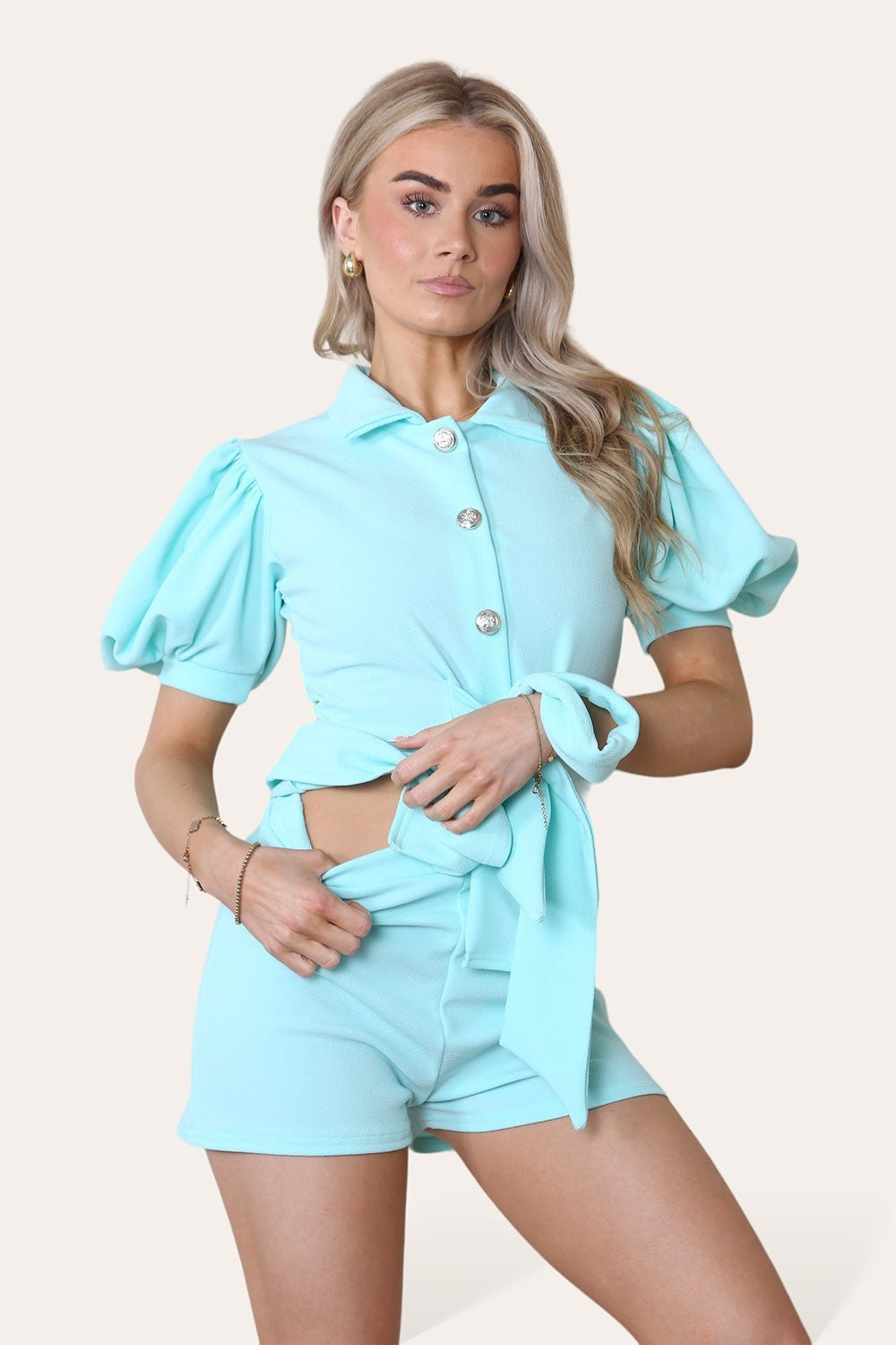 Coral Orange Tie Belt Button ShortsÂ Set For Women S/M - Dropwear
