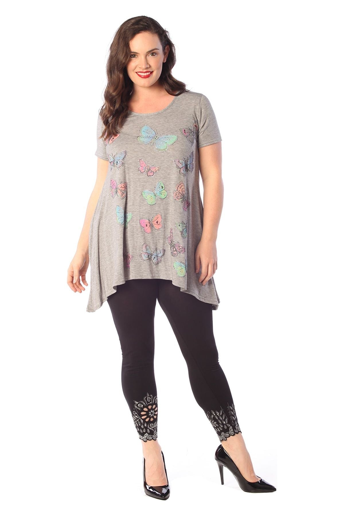 Grey Butterfly Hanky Hem Short Sleeve Top For Women 18 - Dropwear