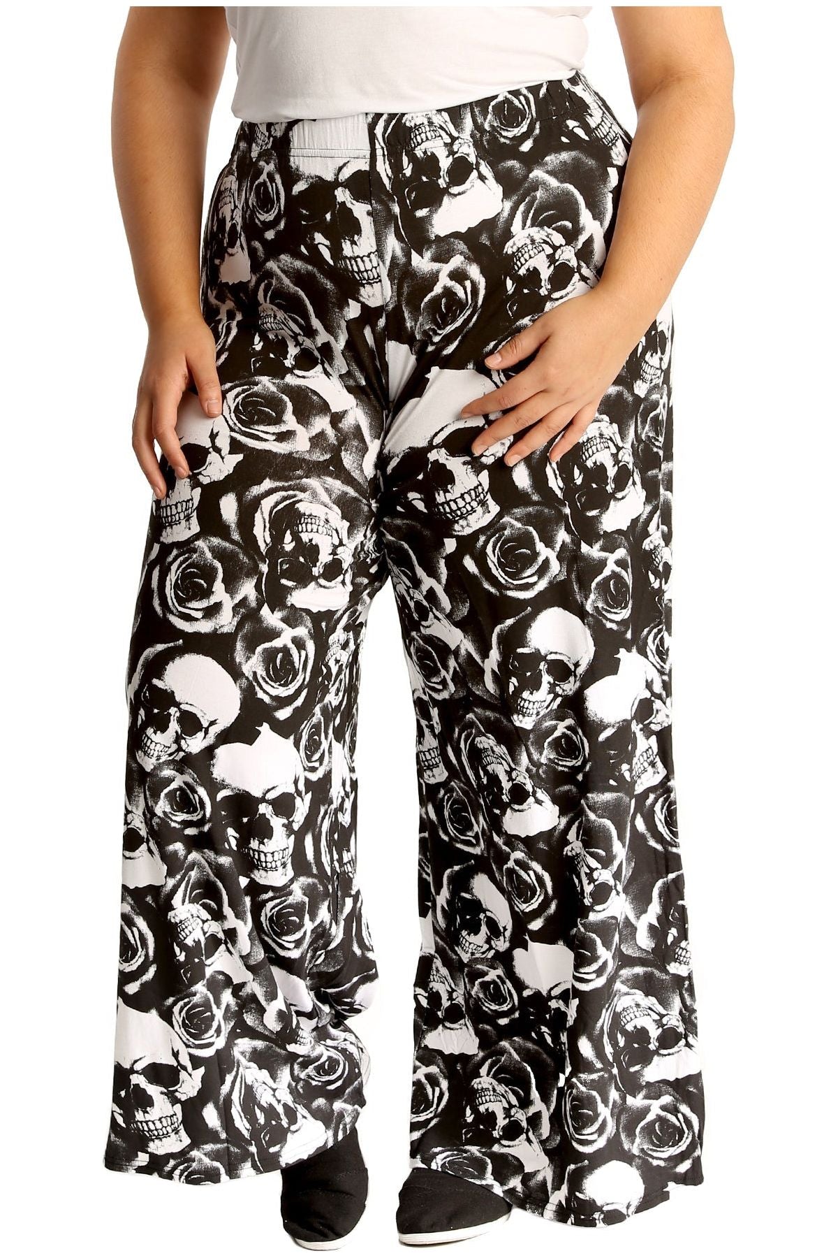 Skull Roses Plus Size Skull Roses Print Palazzo Trouser For Women 20-22 - Dropwear