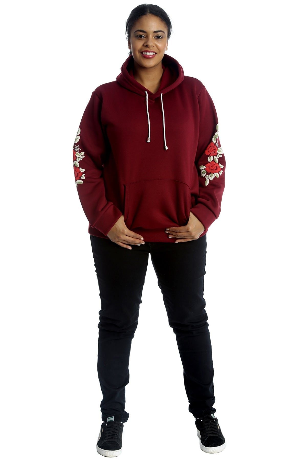 Red Embroidered Pouch Pocket Sweatshirt For Women 20-22 - Dropwear