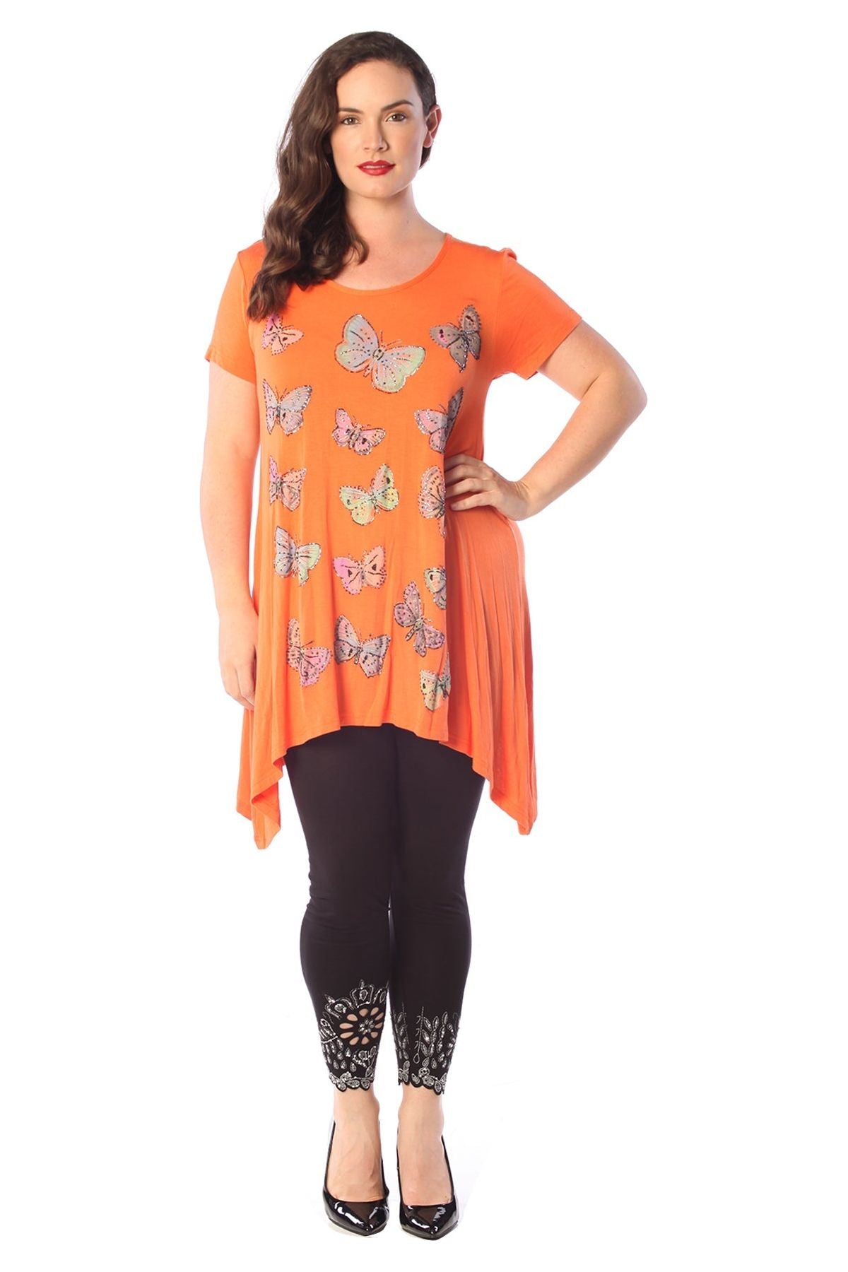 Red Butterfly Hanky Hem Short Sleeve Top For Women 16 - Dropwear