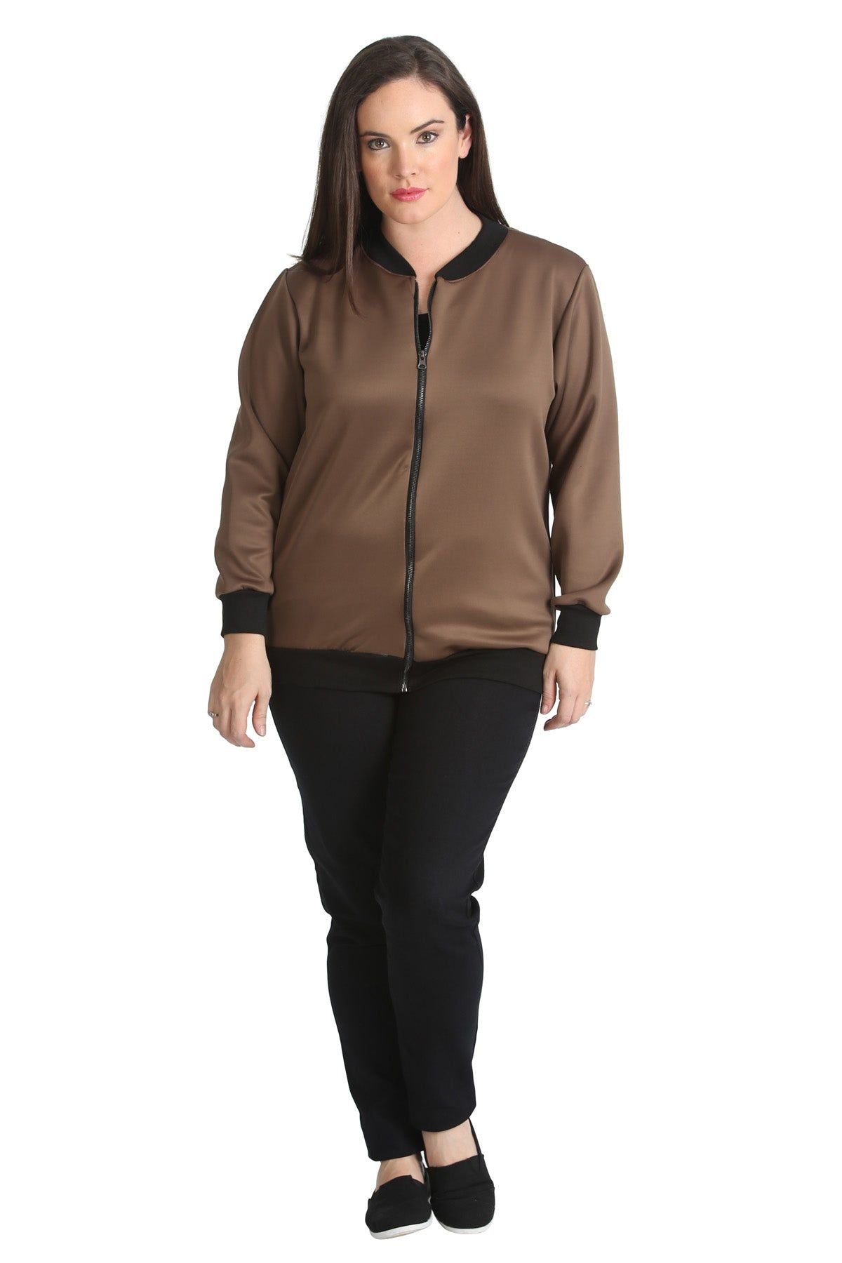Khaki Green Plain Bomber Jacket Sleeve Top For Women 18 - Dropwear