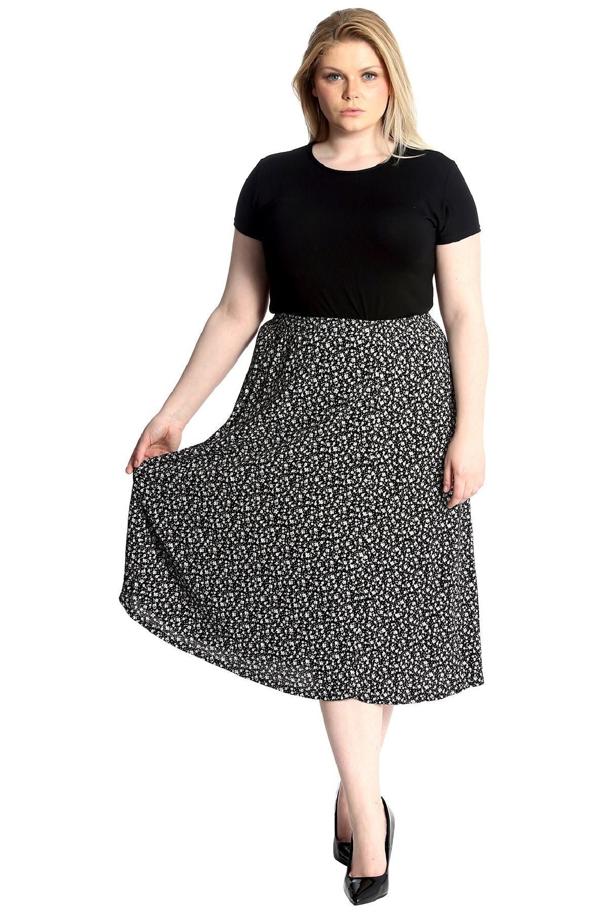 Small Flower Plus Size Small Floral Print Midi skirt For Women 16-18 - Dropwear