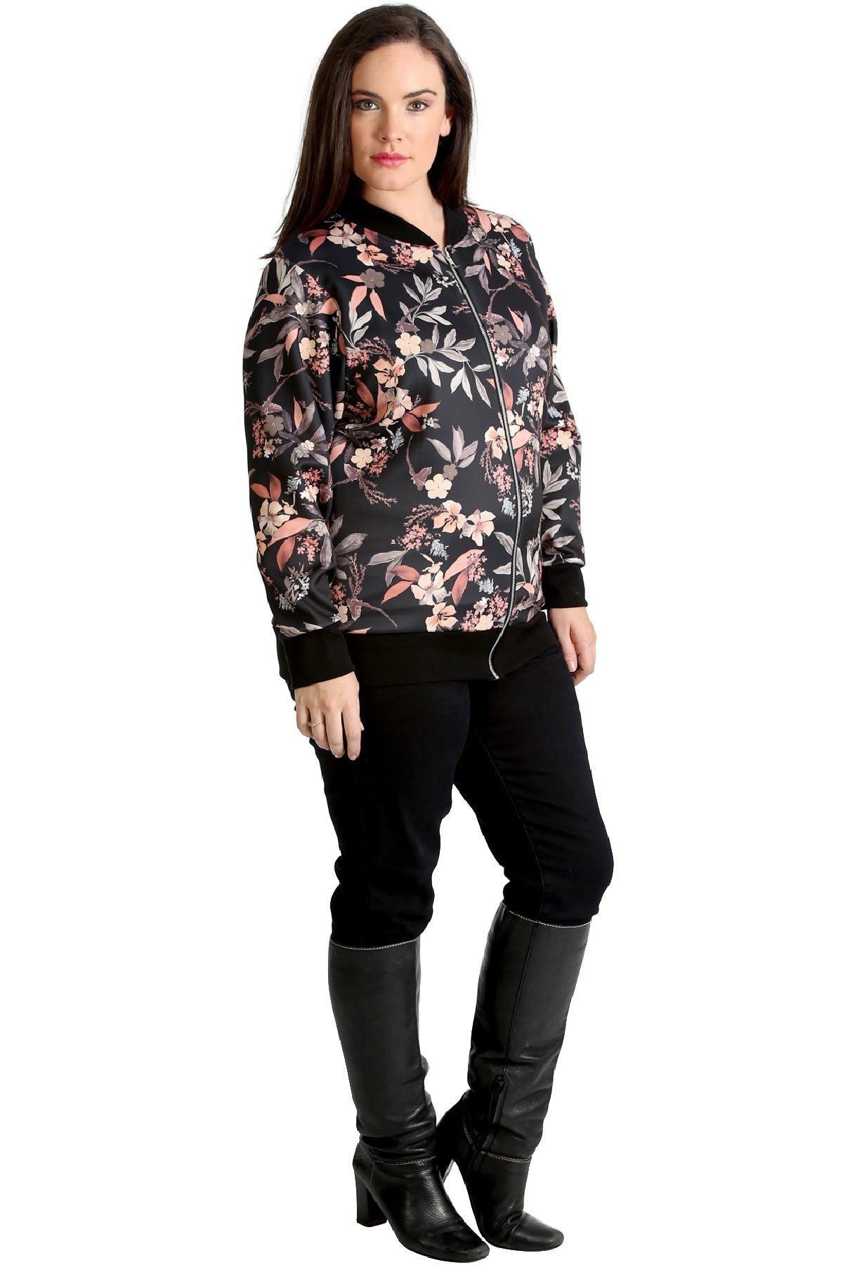 Black Floral Leaf Bomber Jacket Print For Women 16 - Dropwear