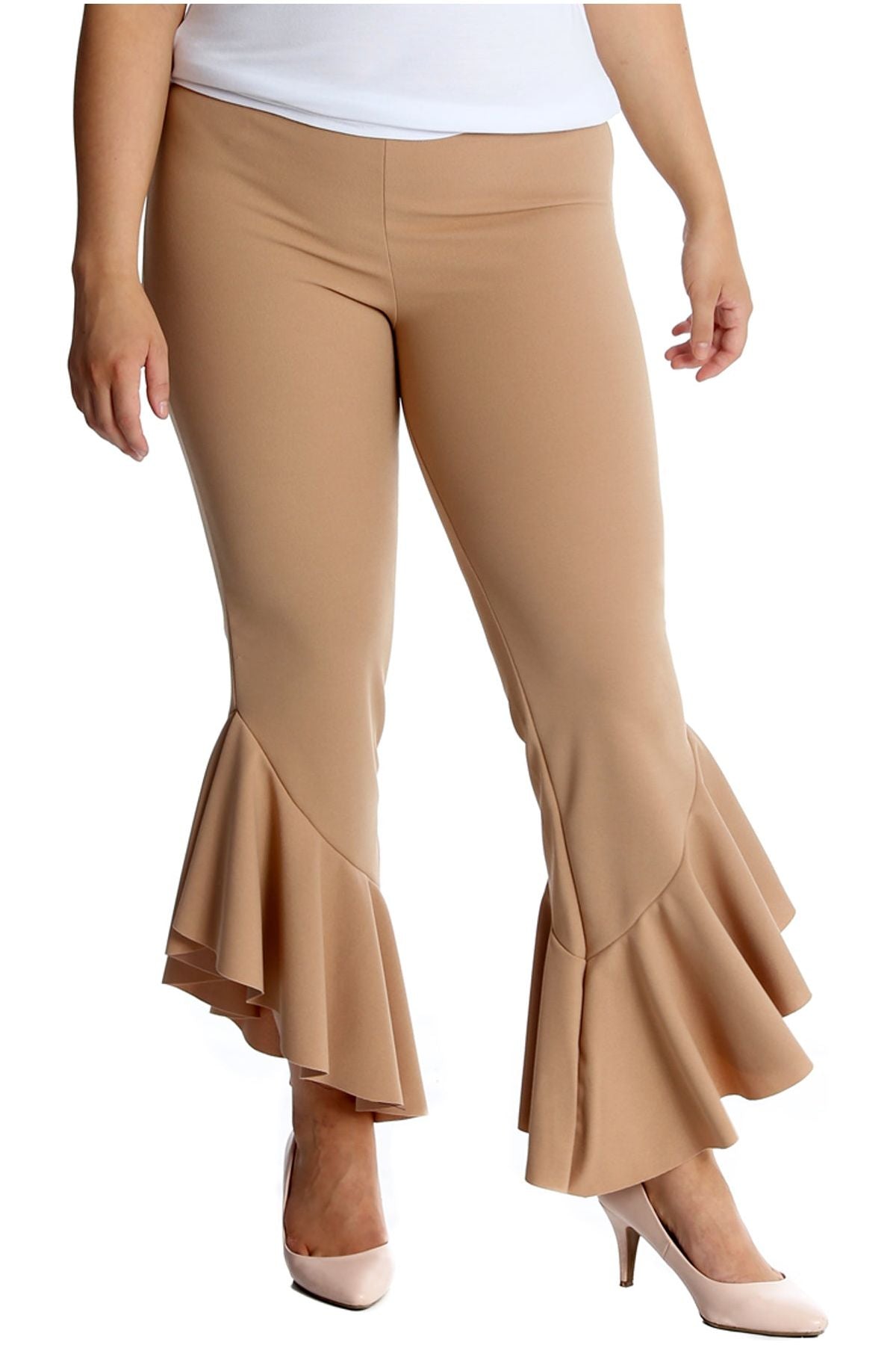 Camel Plus Size Frill Asymmetric Hem Plain Trousers For Women 16-18 - Dropwear