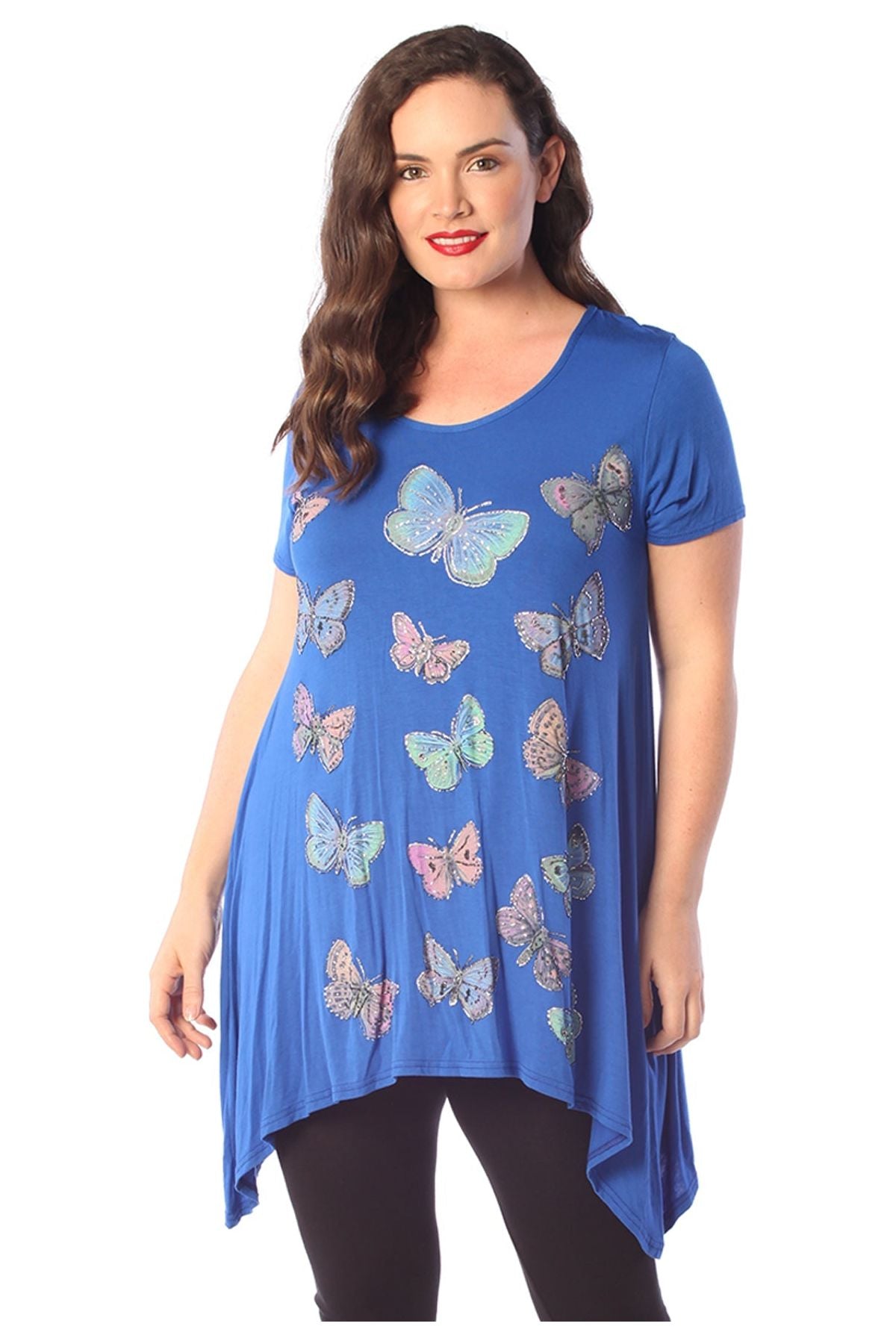 Black Butterfly Hanky Hem Short Sleeve Top For Women 14 - Dropwear