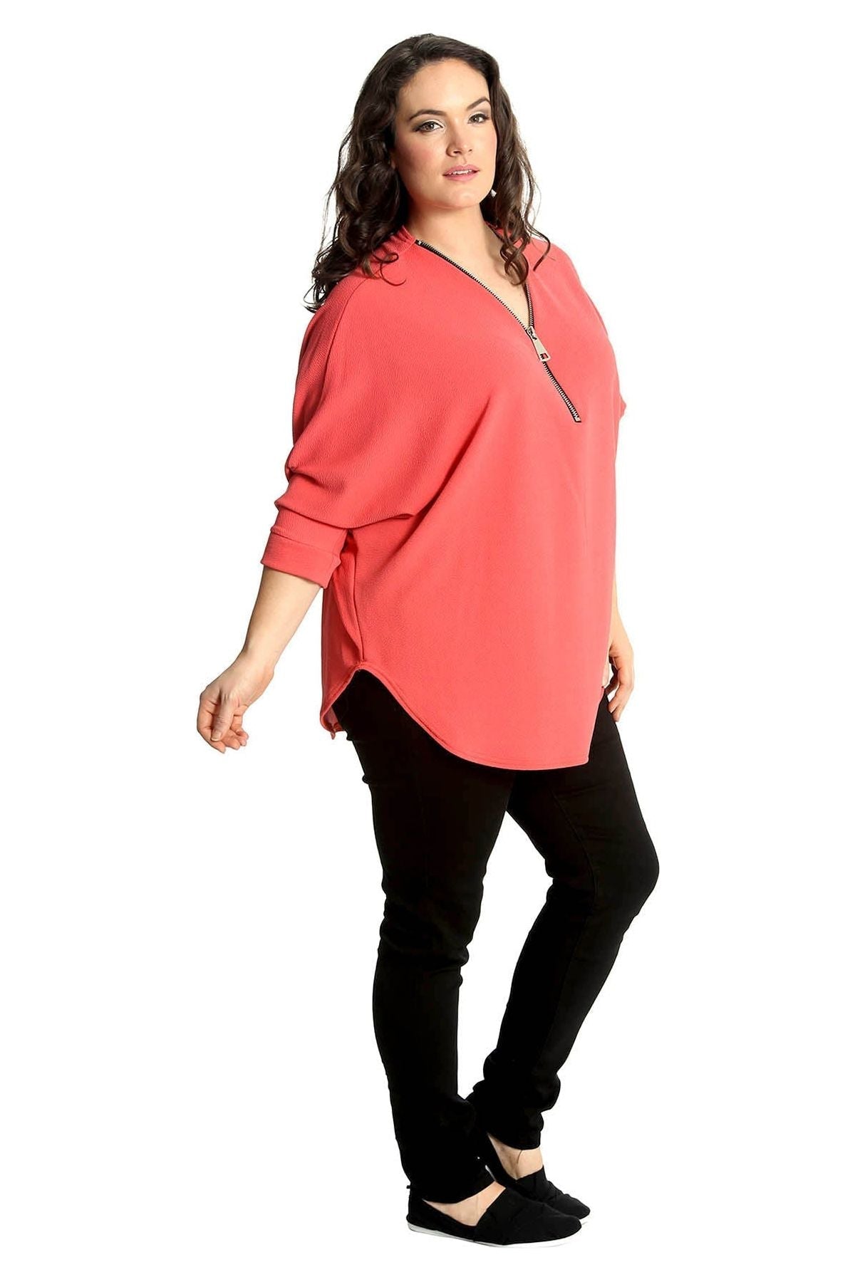 Zip Curved Hem V-Neck Batwing Sleeve Top For Women  - Dropwear