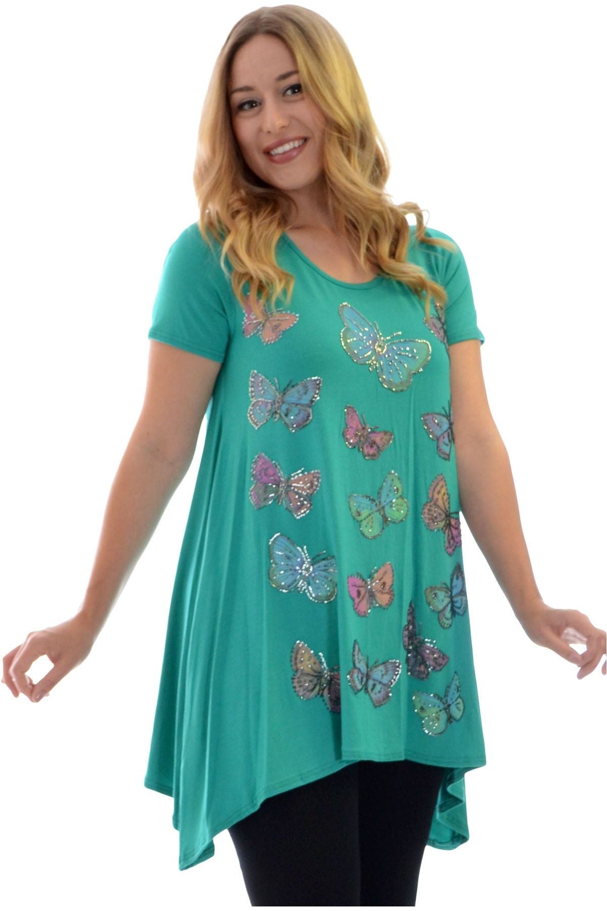 Black Butterfly Hanky Hem Short Sleeve Top For Women 22-24 - Dropwear