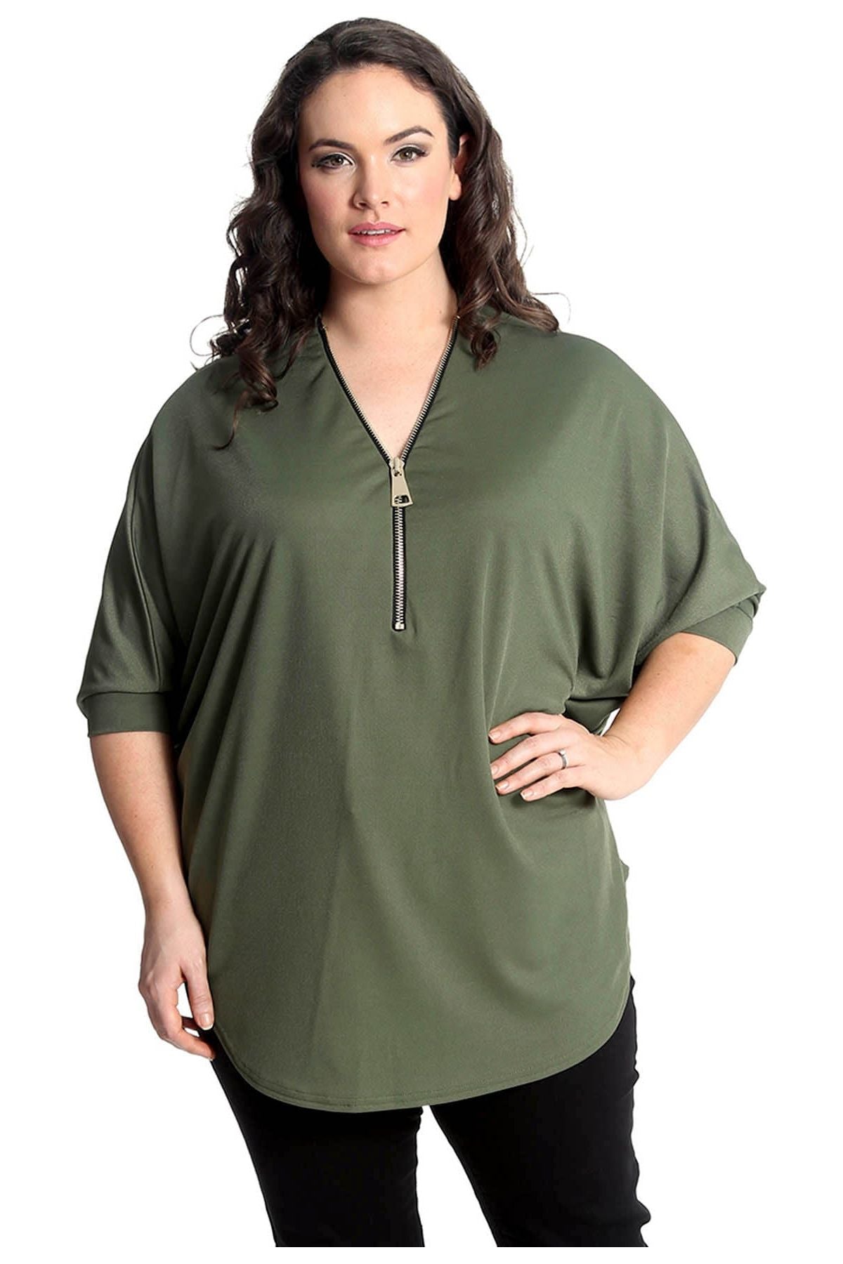 Zip Curved Hem V-Neck Batwing Sleeve Top For Women  - Dropwear