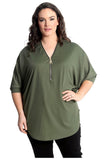 Zip Curved Hem V-Neck Batwing Sleeve Top For Women  - Dropwear