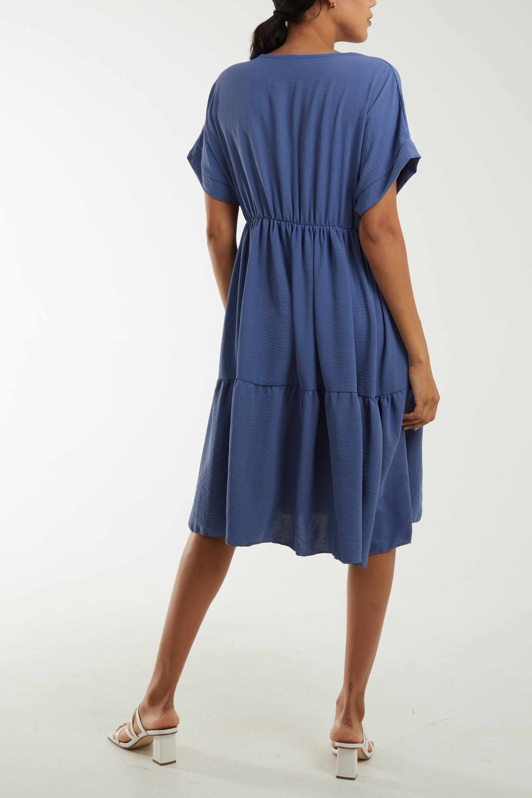 Navy V-Neck Short Sleeve Tiered Midi Dress For Women ONE SIZE - Dropwear