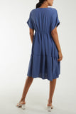 Navy V-Neck Short Sleeve Tiered Midi Dress For Women ONE SIZE - Dropwear