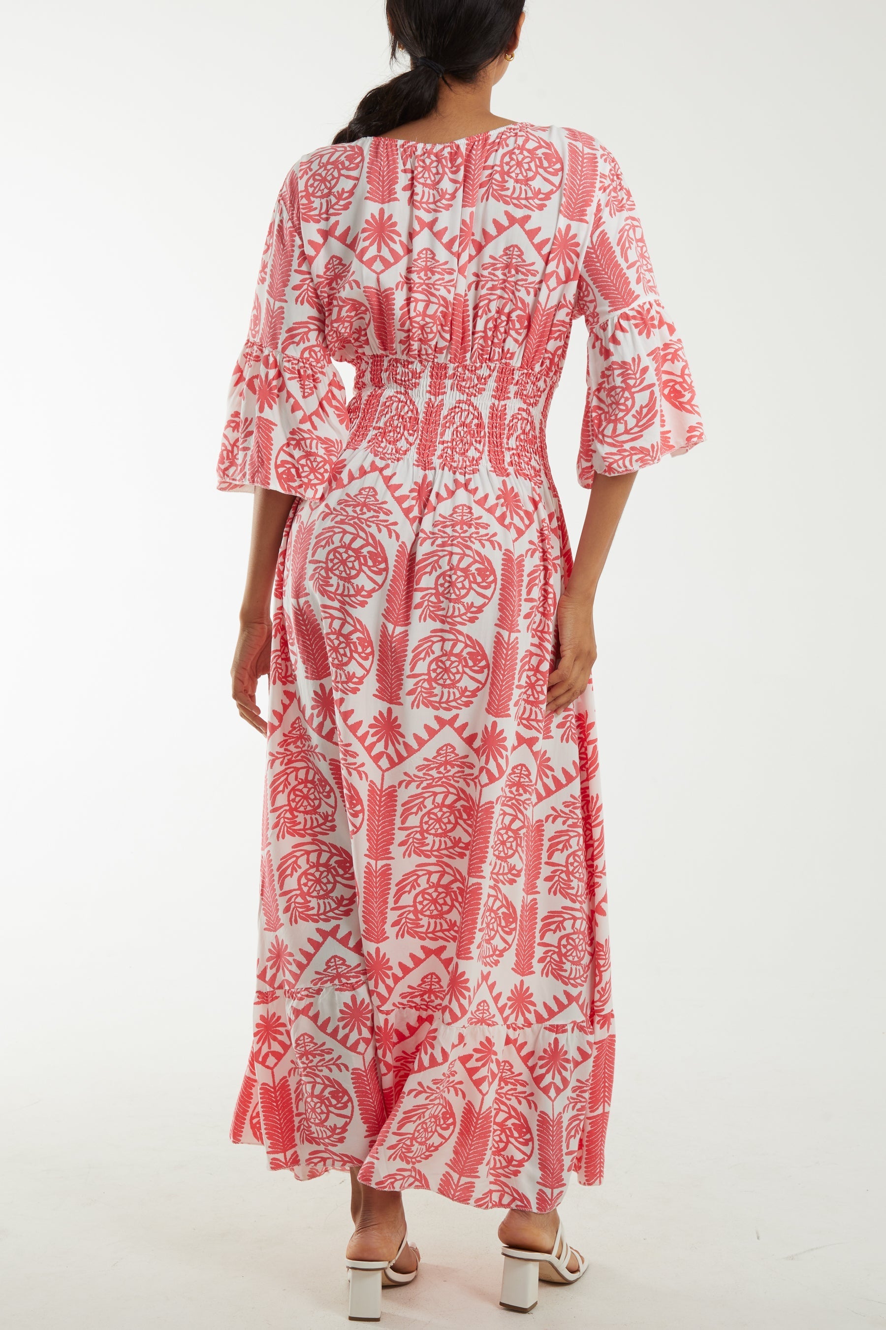Bubble Gum Pink Baroque Shirred Bodice Maxi Dress For Women ONE SIZE - Dropwear