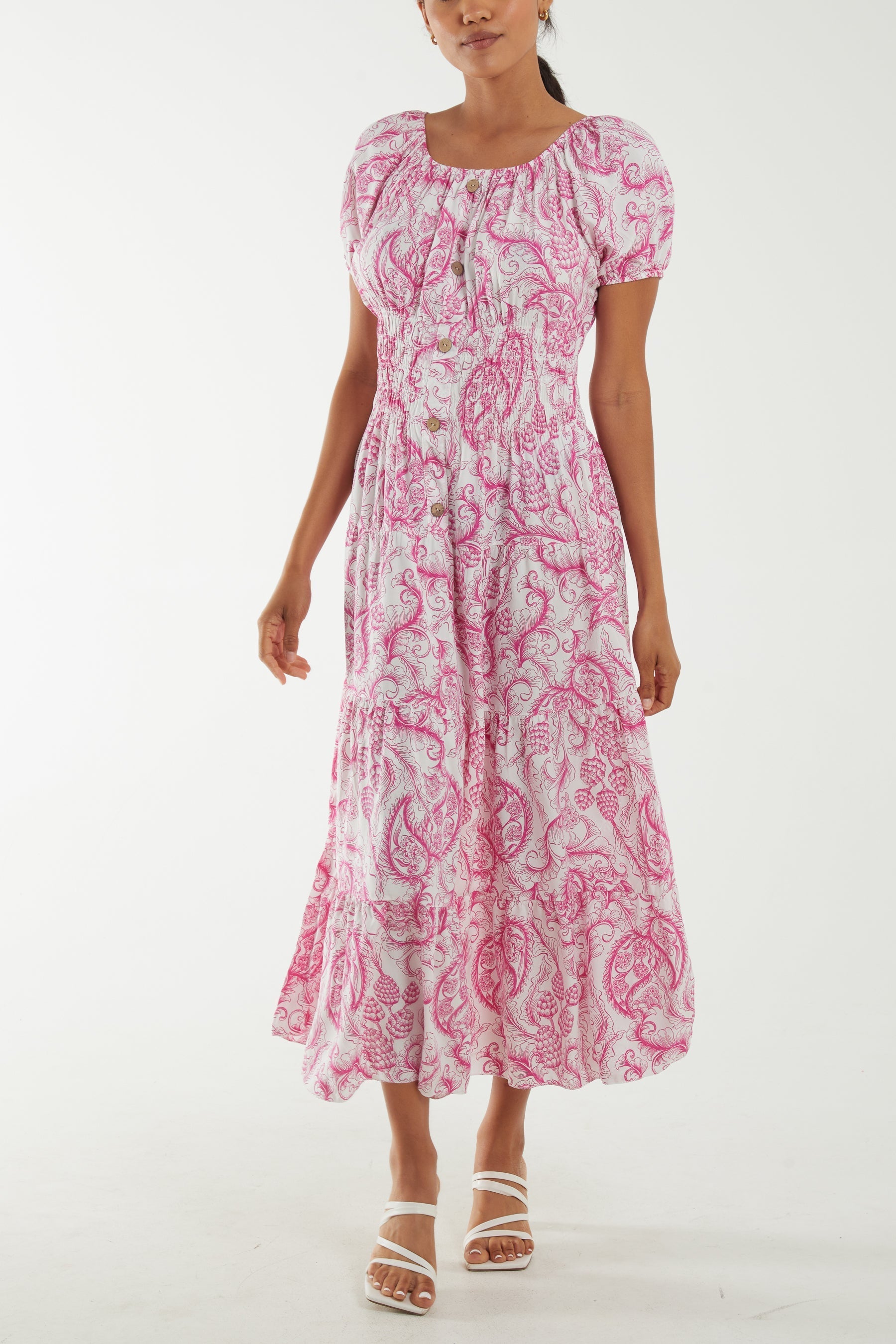 Paisley Bardot Shirred Bodice Midi Dress For Women  - Dropwear