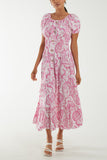 Paisley Bardot Shirred Bodice Midi Dress For Women  - Dropwear