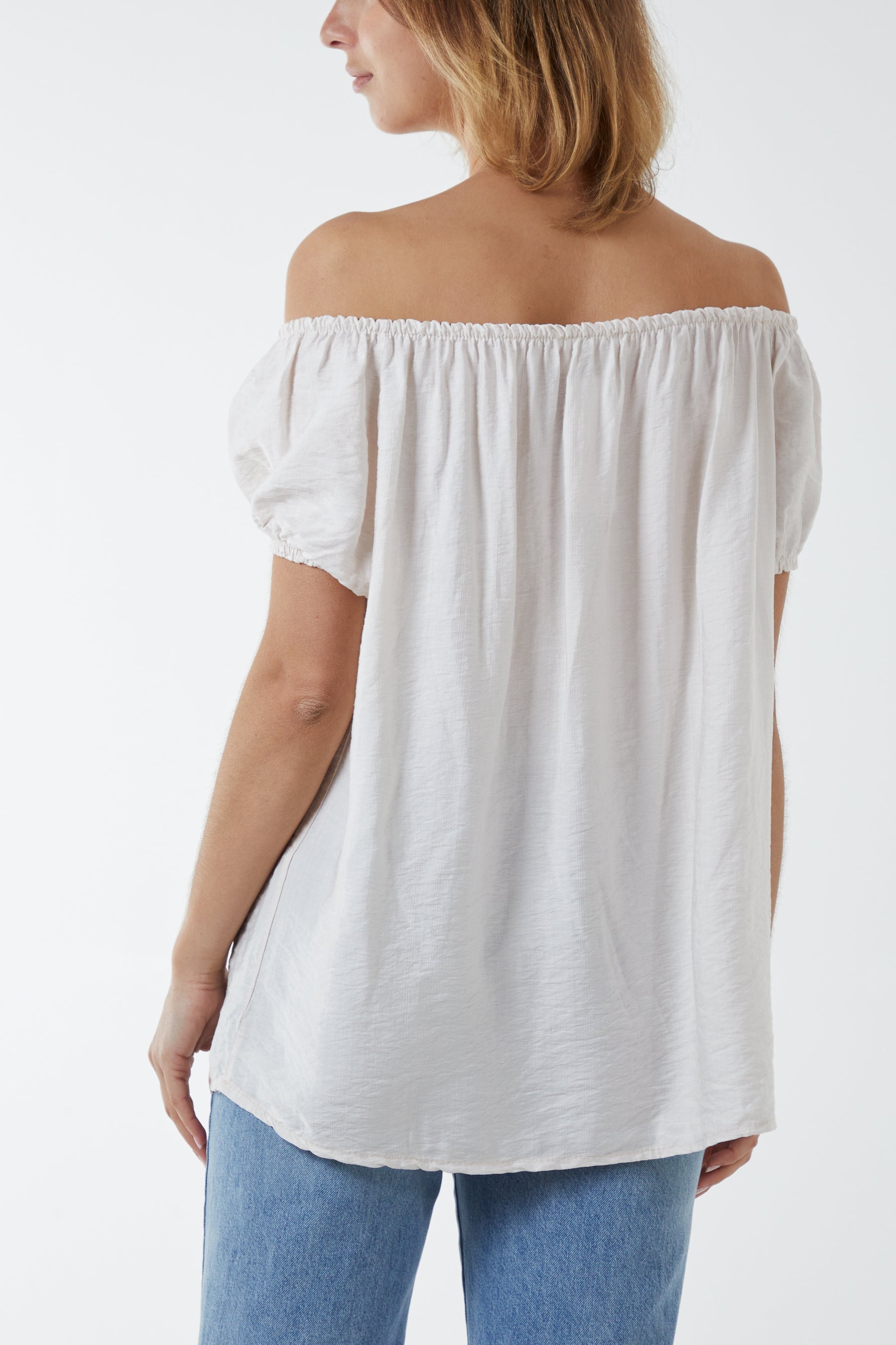 Cream Short Sleeve Bardot Top For Women ONE SIZE - Dropwear