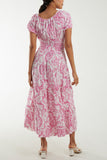 Paisley Bardot Shirred Bodice Midi Dress For Women  - Dropwear