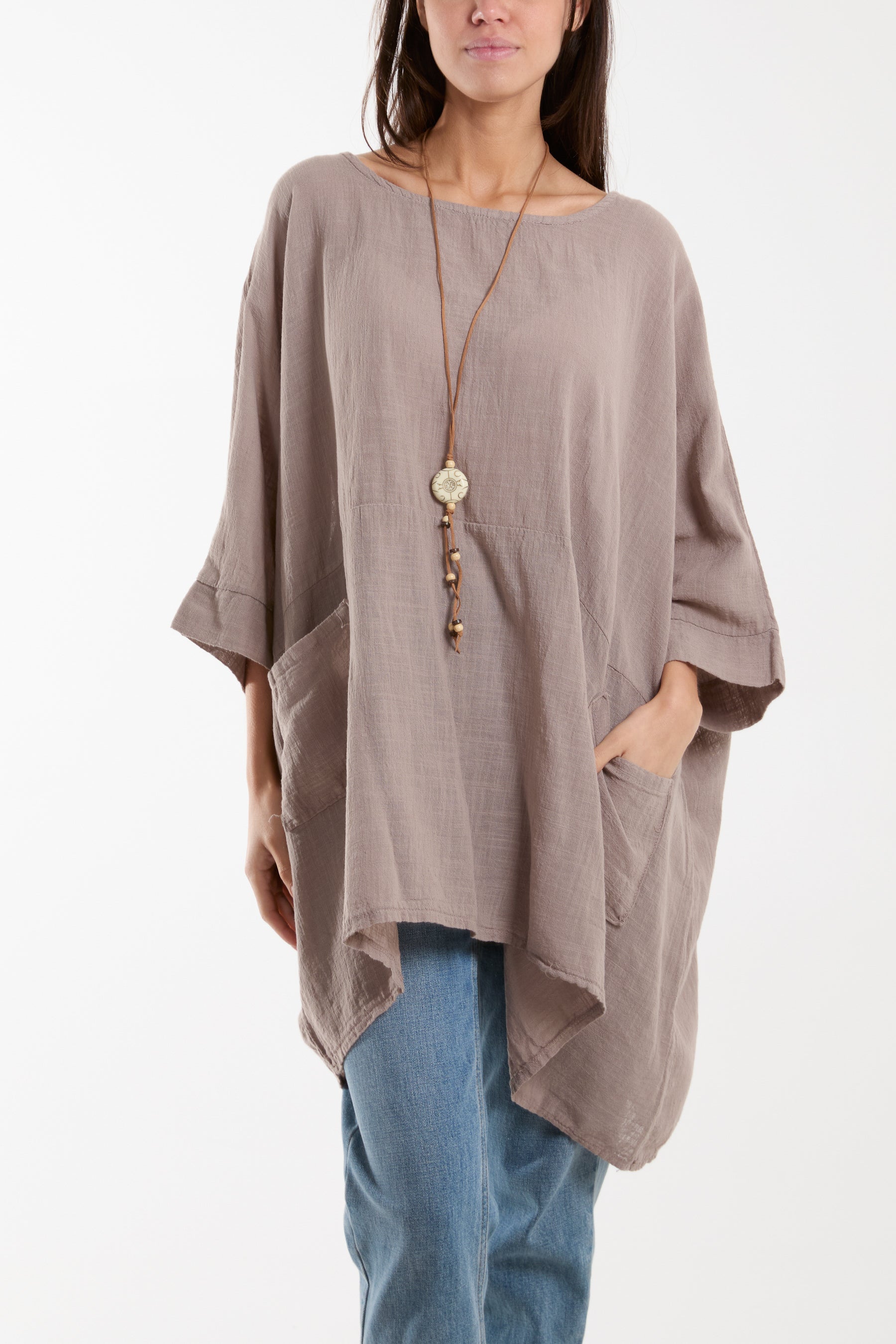 Cotton Mix Necklace Pockets Top For Women  - Dropwear