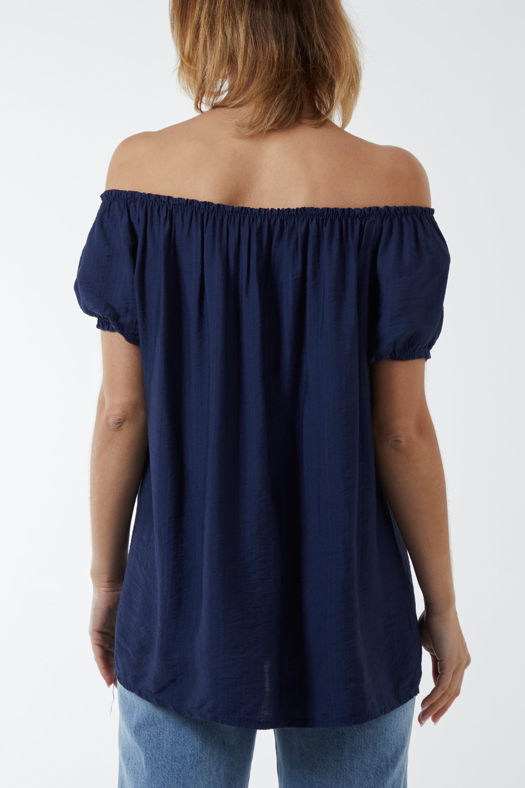 Royal Blue Short Sleeve Bardot Top For Women ONE SIZE - Dropwear