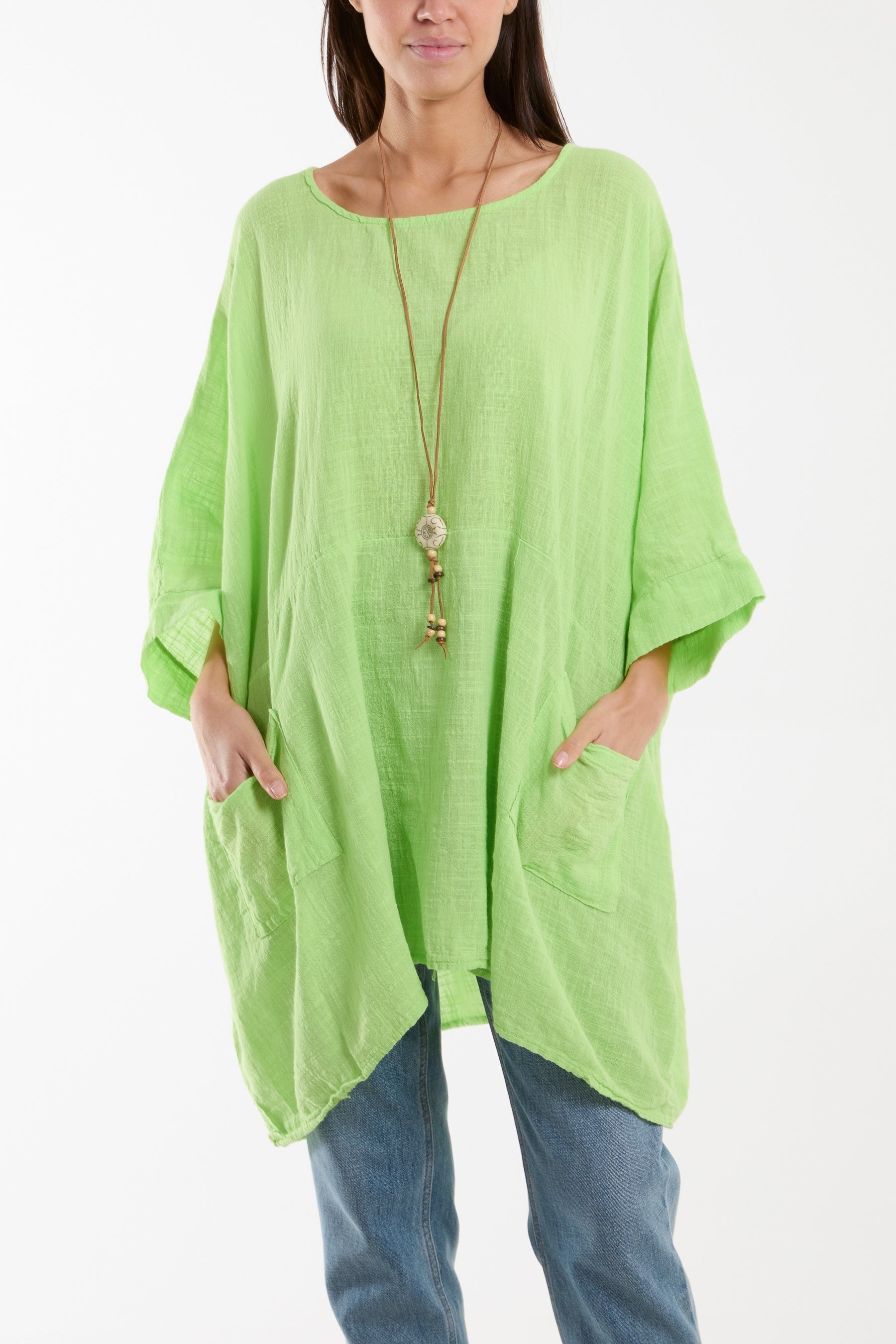 Cotton Mix Necklace Pockets Top For Women  - Dropwear