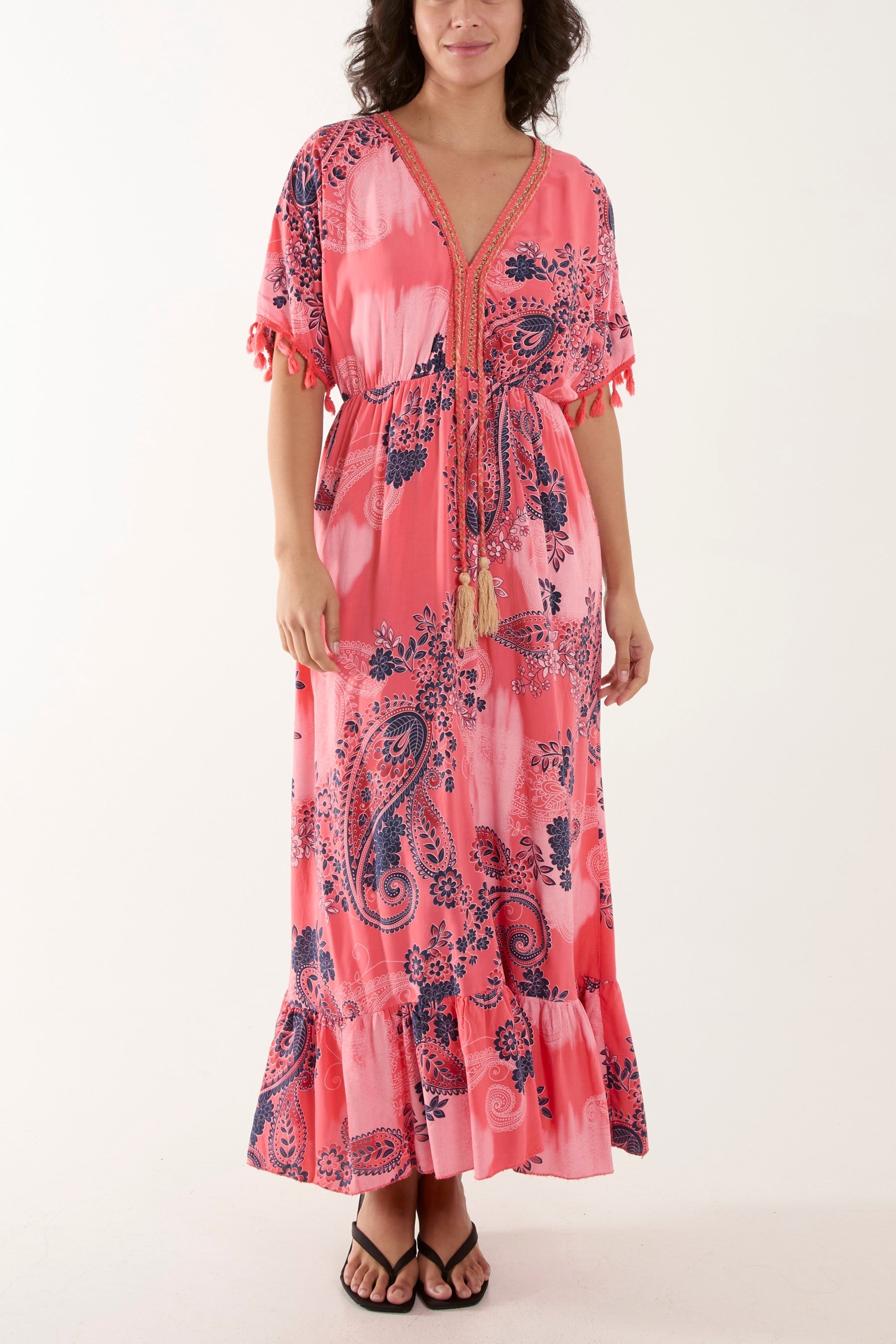 Navy Tassel Paisley Print Maxi Dress For Women ONE SIZE - Dropwear