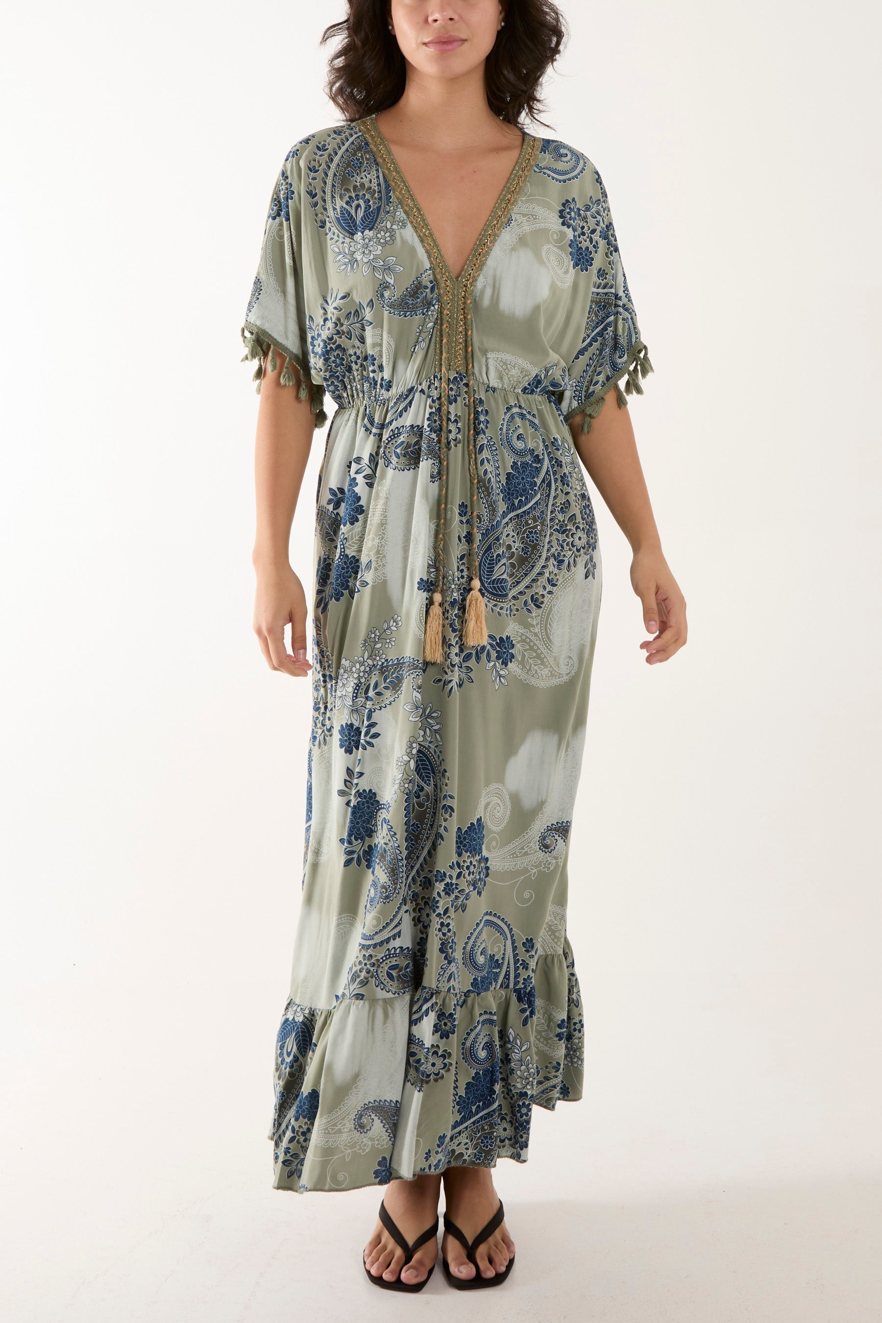 Khaki Tassel Paisley Print Maxi Dress For Women ONE SIZE - Dropwear