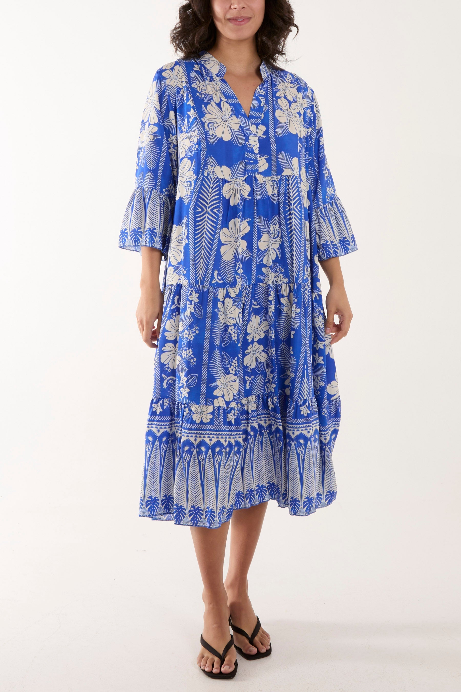 Floral Print Grandad Collar Midi Dress For Women  - Dropwear