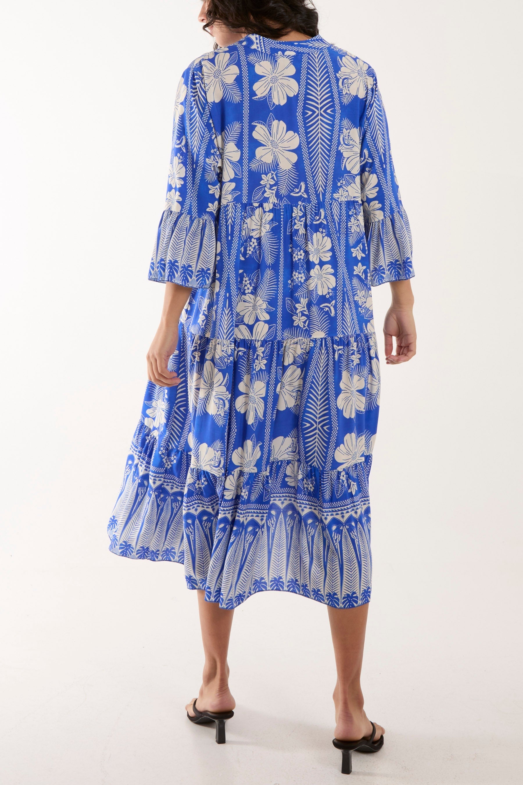 Floral Print Grandad Collar Midi Dress For Women  - Dropwear
